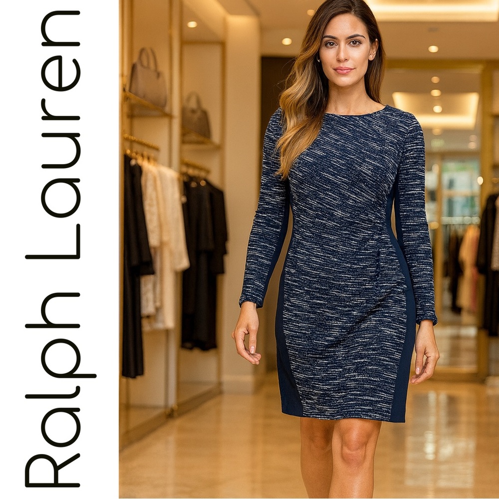 Ralph Lauren Navy Heathered Long Sleeve Sheath Dress